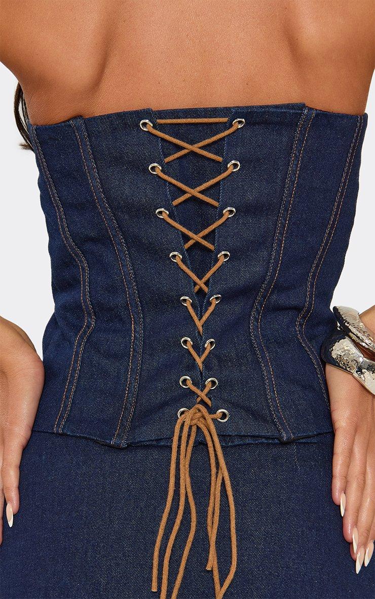 Bandeau Contrast Stitch Detail Lace Up Back Corset Top In Indigo Blue Denim.