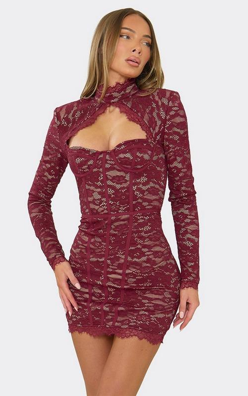 Plunge Neck Frill Detail Mini Bodycon Dress With Bolero Sleeves In Burgundy Lace | EGO UK