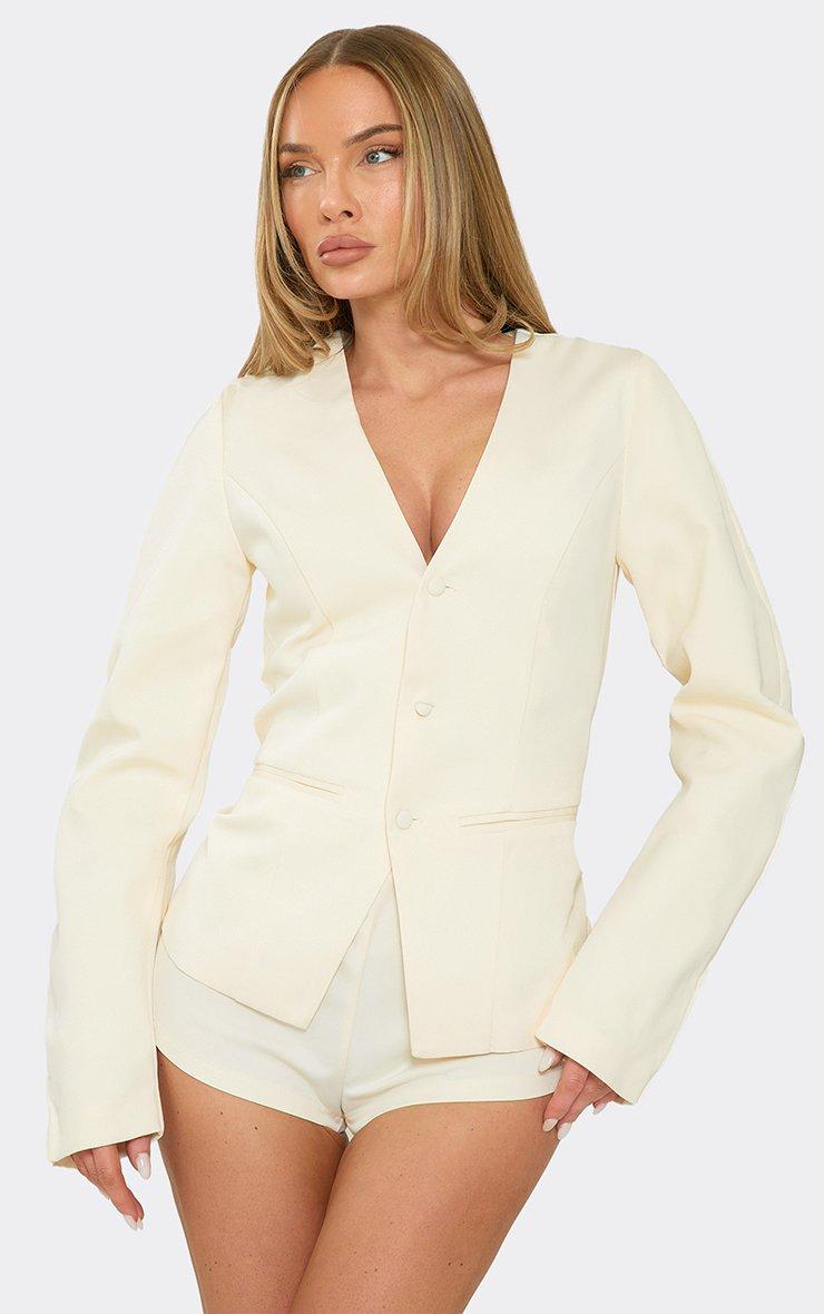 Long Sleeve Plunge Front Cinched Waist Blazer Playsuit In Stone.