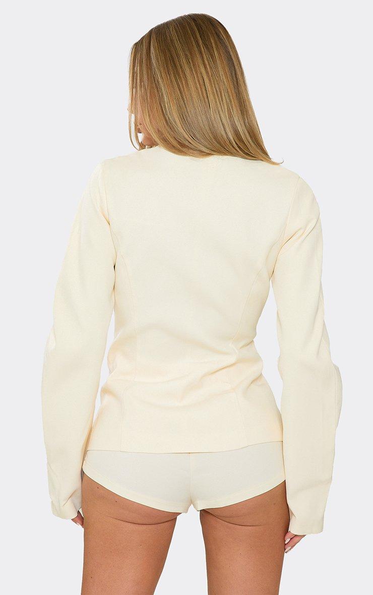 Long Sleeve Plunge Front Cinched Waist Blazer Playsuit In Stone.