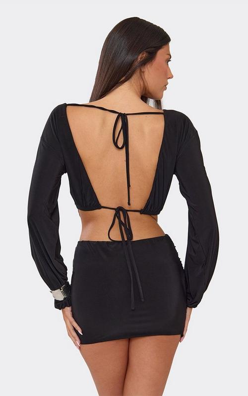 Frill Hem Side Ruched Detail Mini Skirt In Black Slinky | EGO US | EGO