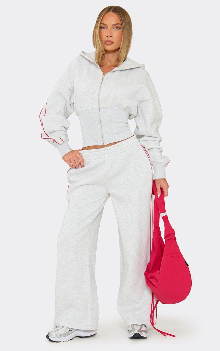 Mid Rise Contrast Piping Wide Leg Joggers In Light Grey Marl