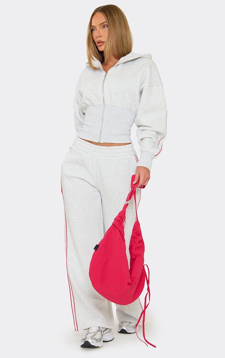 Long Sleeve Contrast Piping Cinched Waist Zip Up Hoodie In Light Grey Marl