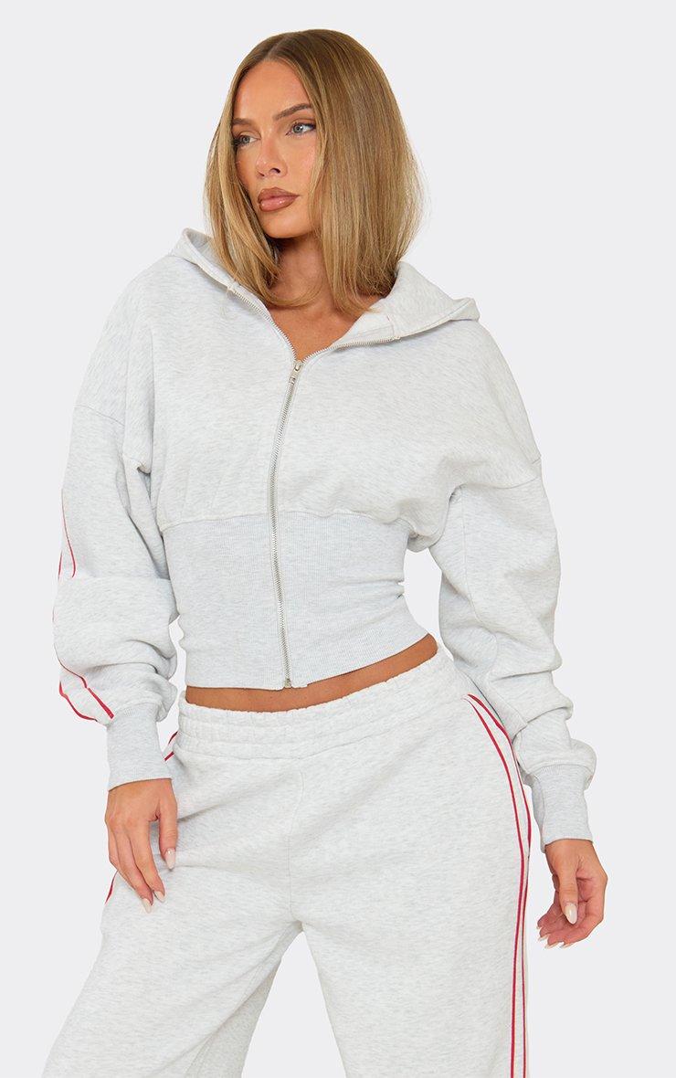 Long Sleeve Contrast Piping Cinched Waist Zip Up Hoodie In Light Grey Marl