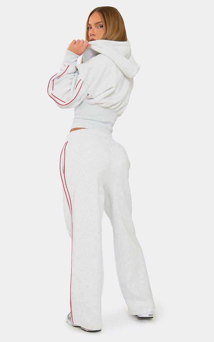Mid Rise Contrast Piping Wide Leg Joggers In Light Grey Marl