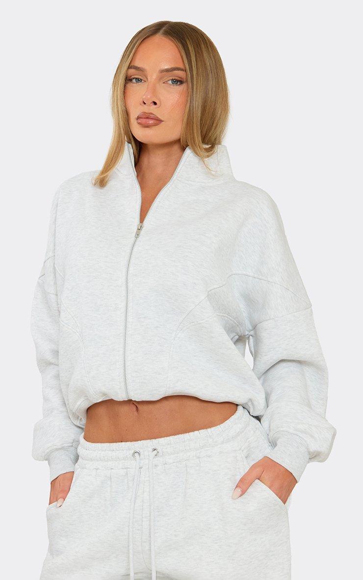 Long Sleeve Funnel Neck Seam Detail Oversized Zip Up Sweatshirt In Light Grey Marl