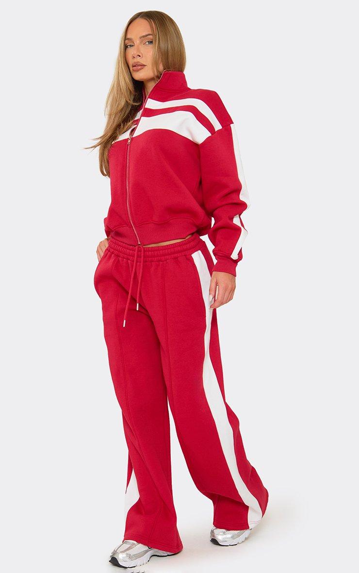 Long Sleeve Funnel Neck Contrast Panel Zip Up Sweatshirt In Red