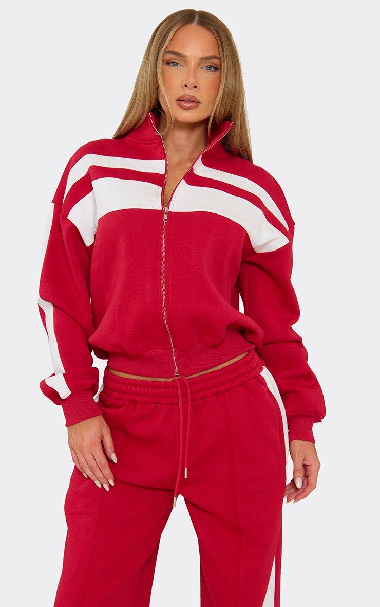 Long Sleeve Funnel Neck Contrast Panel Zip Up Sweatshirt In Red