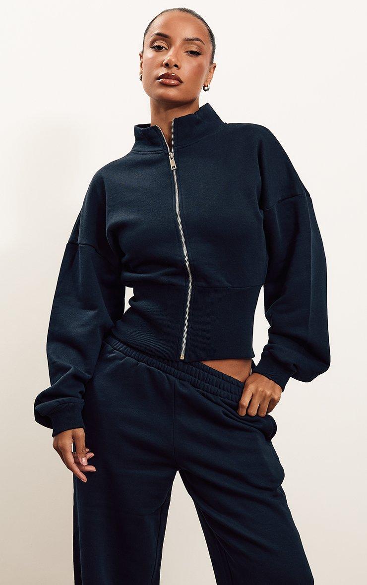 Long Sleeve Cinched Waist Zip Up Sweatshirt In Navy