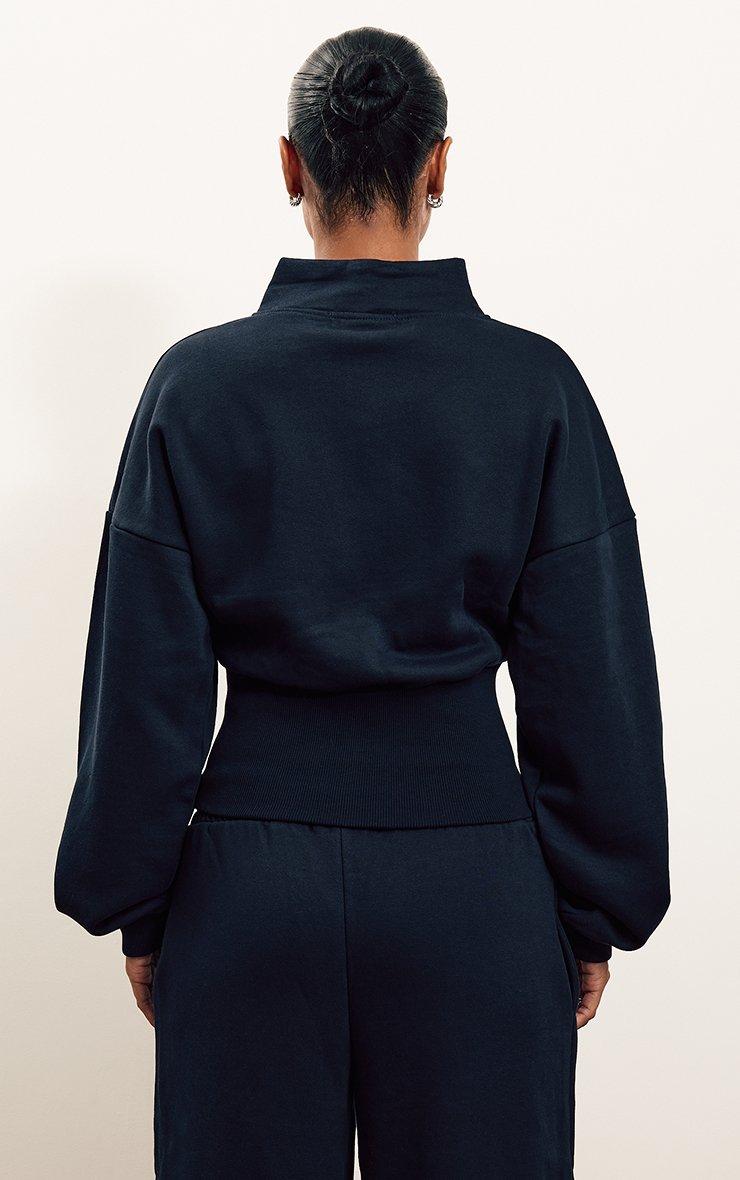 Long Sleeve Cinched Waist Zip Up Sweatshirt In Navy