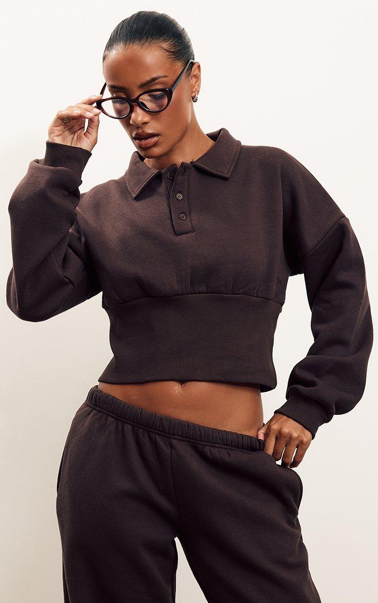 Long Sleeve Cinched Waist Collared Polo Sweatshirt In Chocolate Brown
