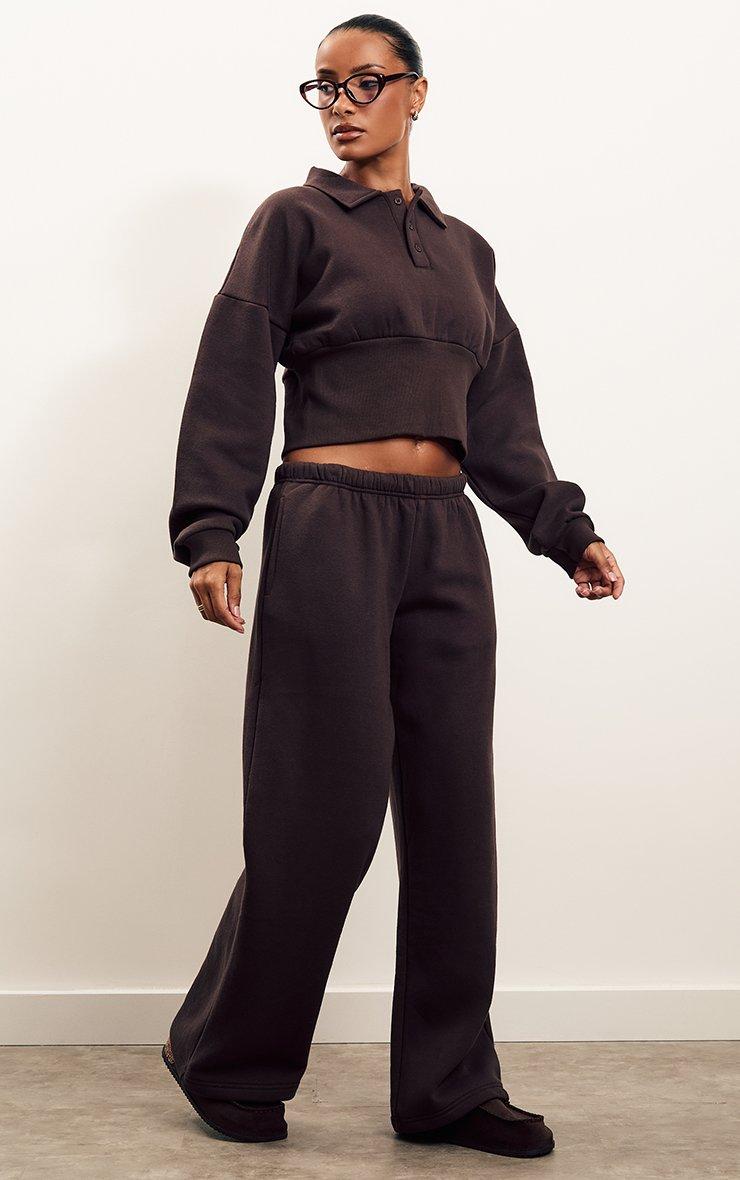 Long Sleeve Cinched Waist Collared Polo Sweatshirt In Chocolate Brown