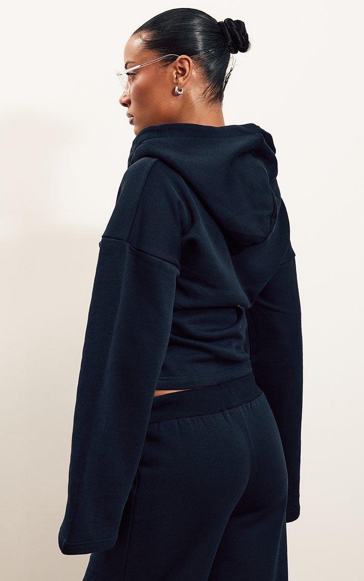 Long Wide Sleeve Cinched Waist Zip Up Hoodie In Navy