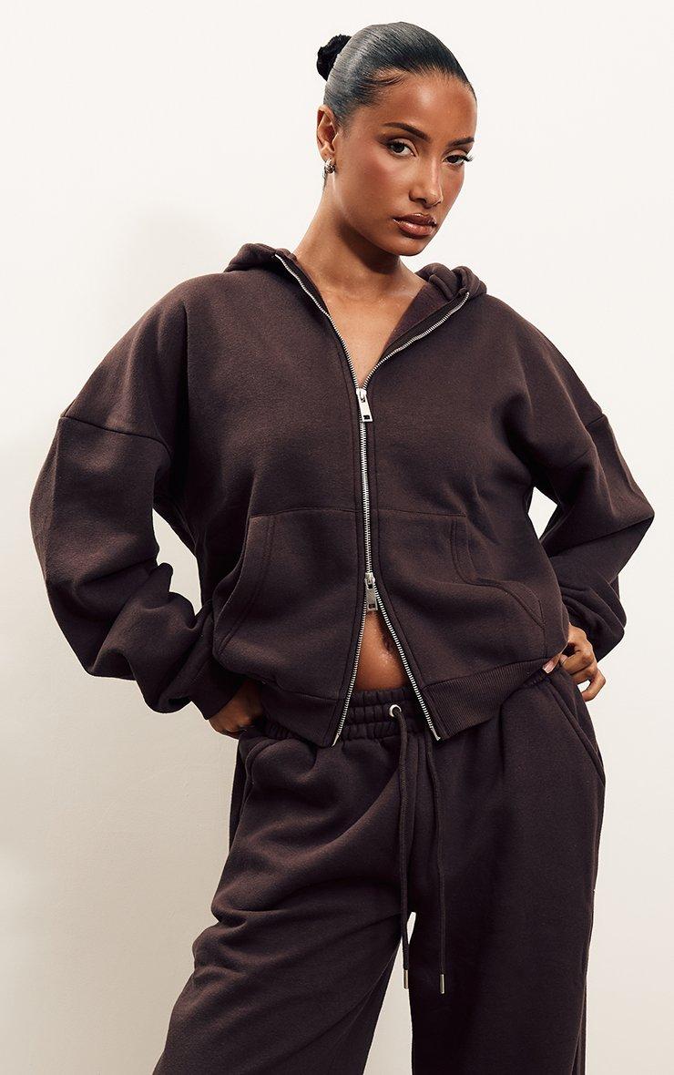 Long Sleeve Oversized Double Zip Hoodie In Chocolate Brown