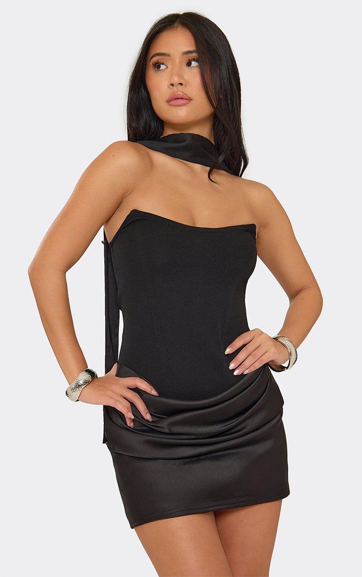 Bandeau Contrast Satin Drape And Scarf Detail Corseted Mini Dress In Black