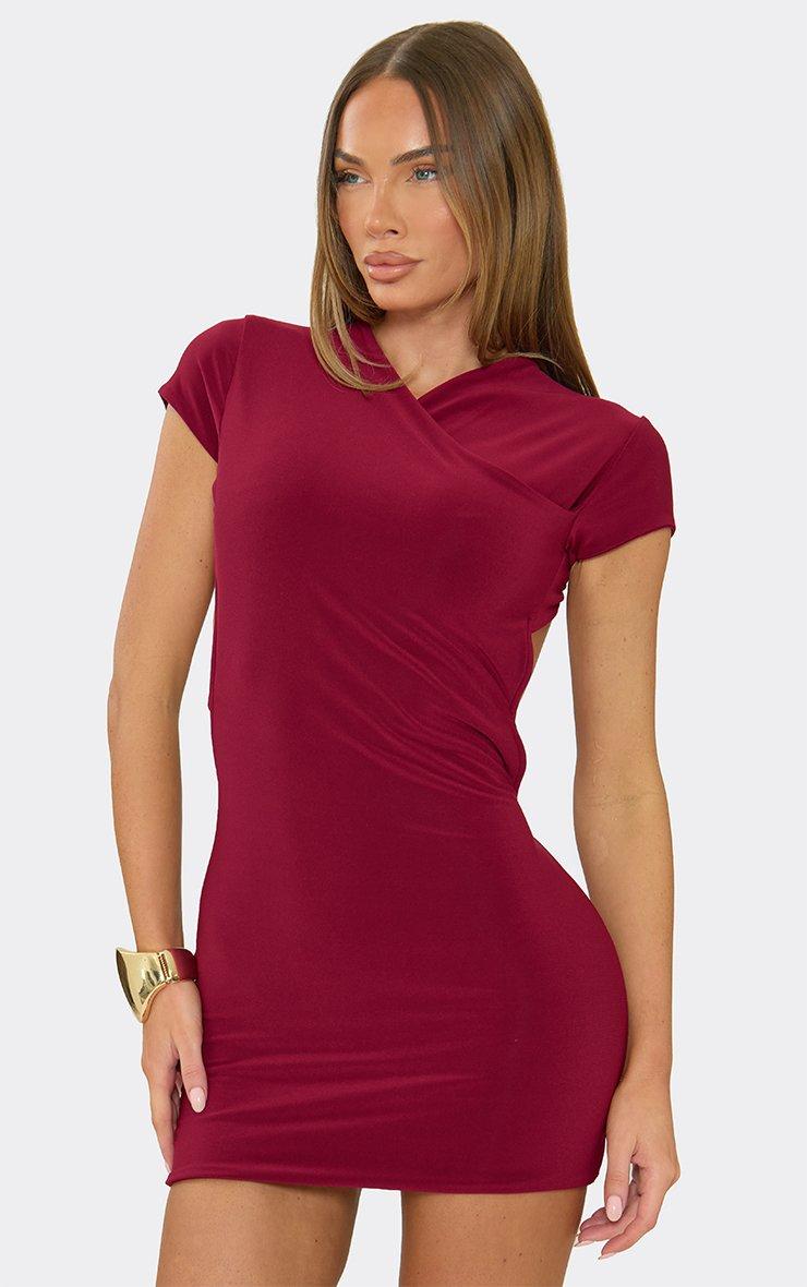 Cross Front Backless Mini Dress In Burgundy