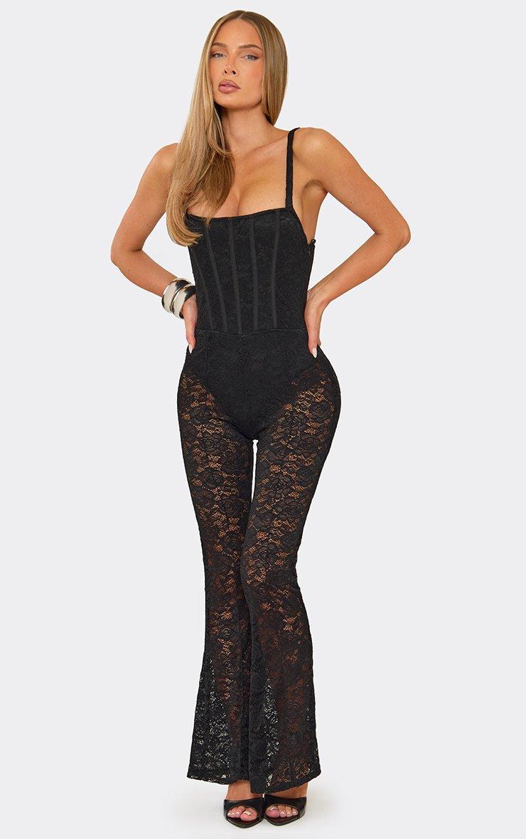 Strappy Corseted Lace Up Back Detail Flared Leg Jumpsuit In Black Lace