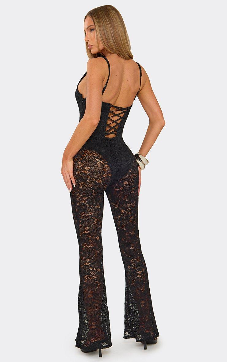 Strappy Corseted Lace Up Back Detail Flared Leg Jumpsuit In Black Lace