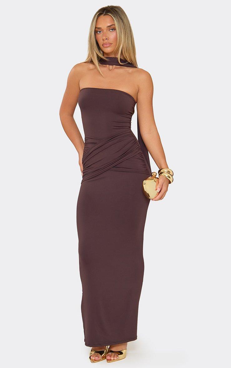 Bandeau Scarf Detail Wrap Front Maxi Dress In Chocolate Brown.