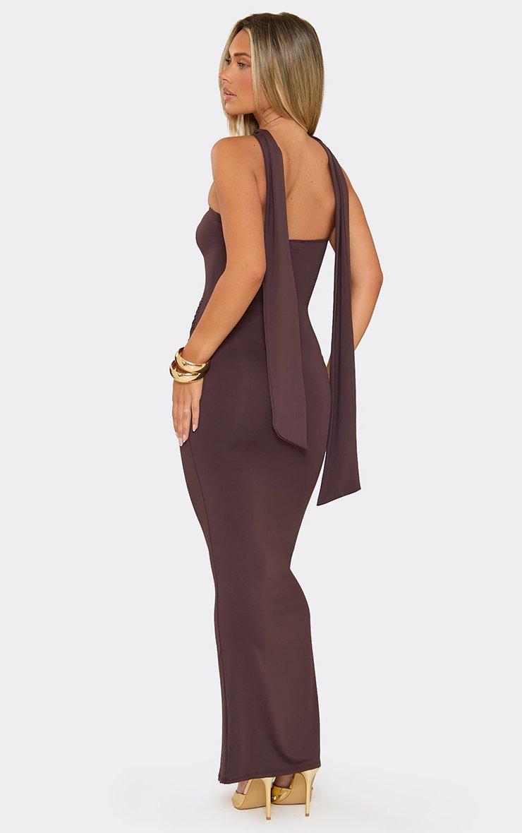 Bandeau Scarf Detail Wrap Front Maxi Dress In Chocolate Brown.