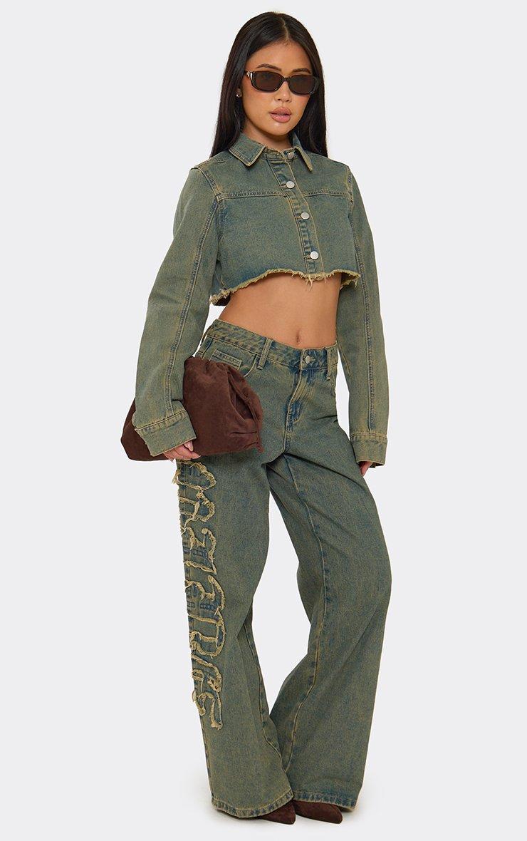 Long Sleeve Frayed Graphic Detail Cropped Jacket In Blue Vintage Wash Denim