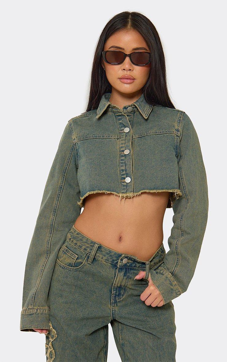 Long Sleeve Frayed Graphic Detail Cropped Jacket In Blue Vintage Wash Denim