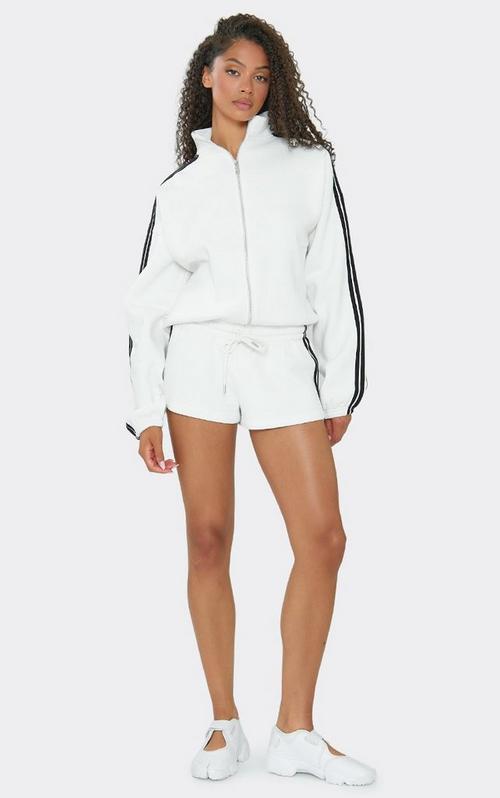 High Neck Long Sleeve Side Stripe Zip Up Jacket In White | EGO US