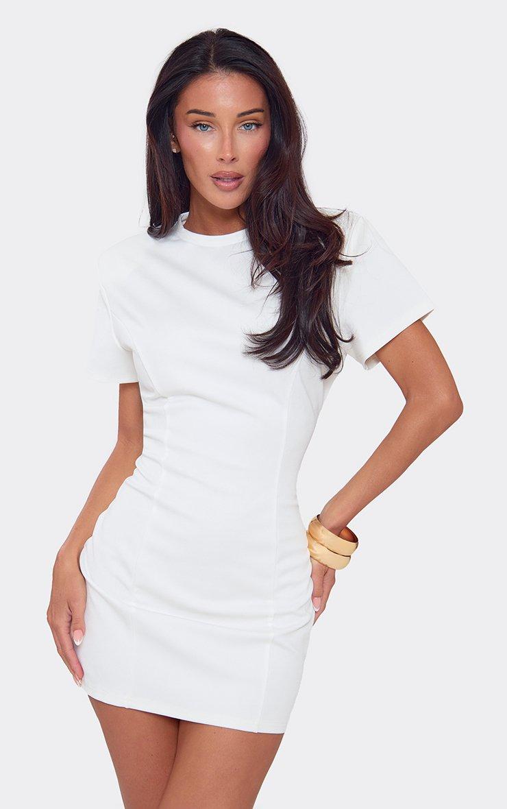 Short Sleeve Shoulder Pad Cinched Waist Mini Dress In White