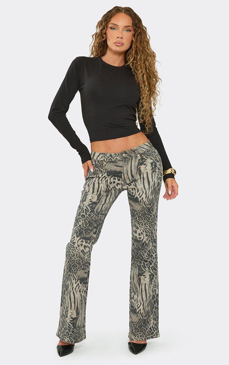 Low Rise Flared Skinny Jeans In Brown Multi Animal Print Denim