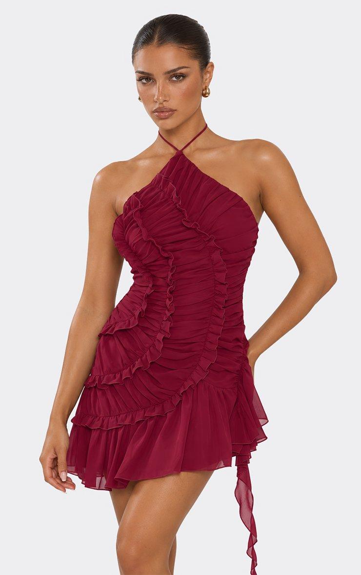 Halterneck Ruffle Detail Mini Dress In Burgundy.