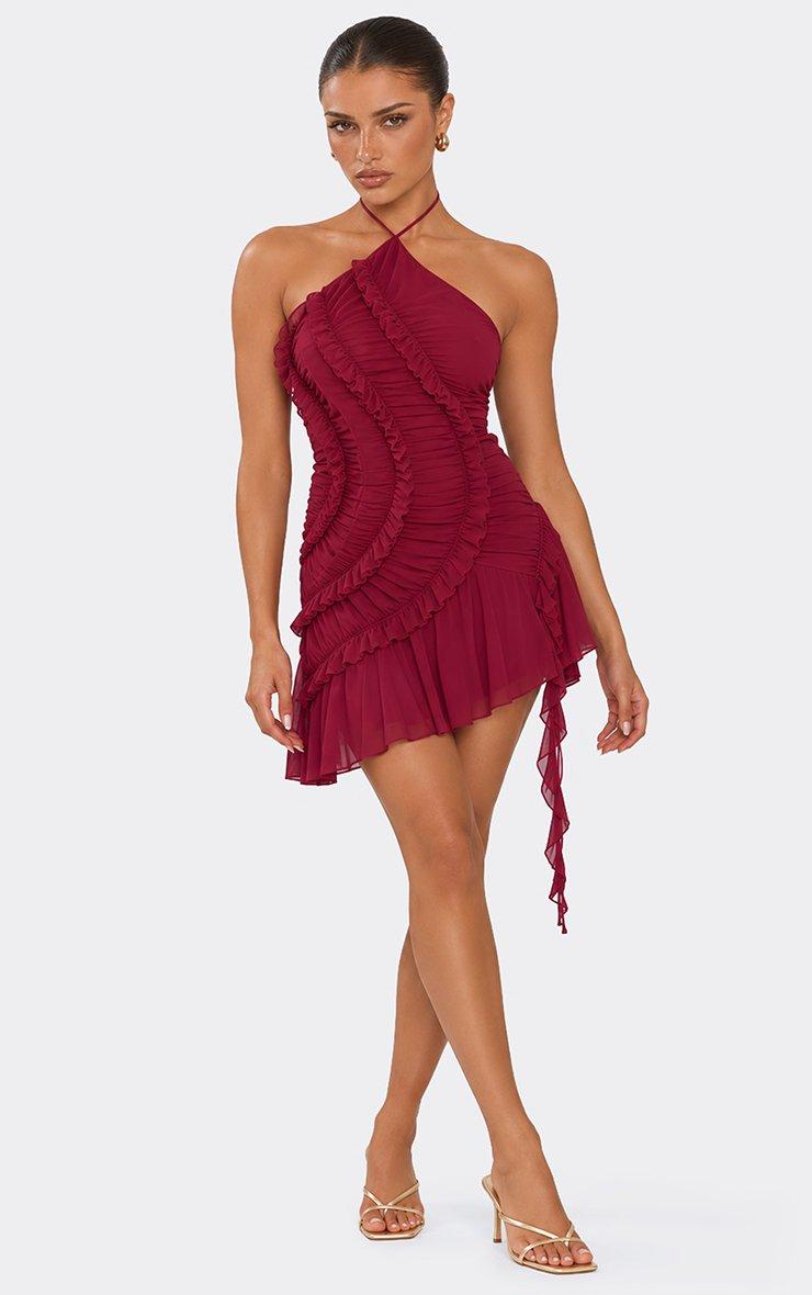 Halterneck Ruffle Detail Mini Dress In Burgundy.