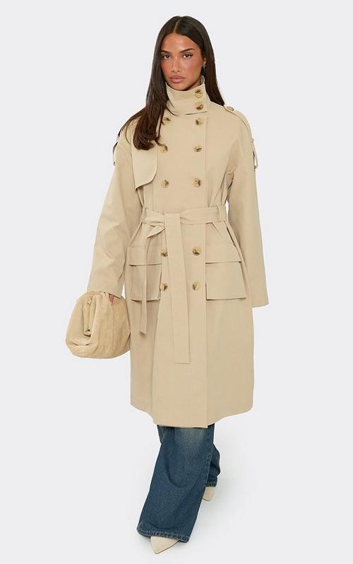 Long Sleeve Structured Midi Trench Coat In Chocolate Brown Faux