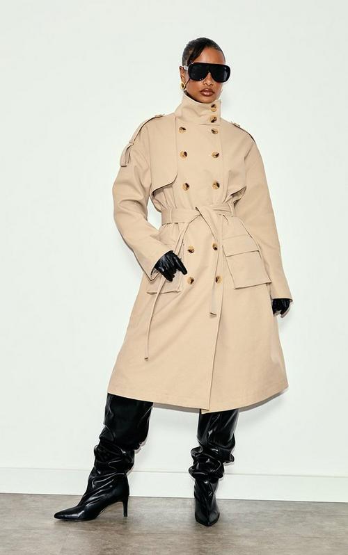 Long Sleeve Cinched Waist Cropped Trench Coat In Khaki Green | EGO