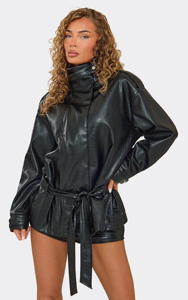 46287 Funnel Neck Tie Waist Croc Pu Jacket In Black