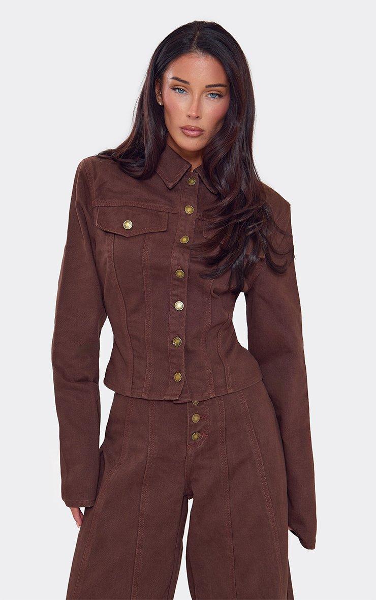 Long Sleeve Shoulder Padded Button Down Jacket In Brown Denim