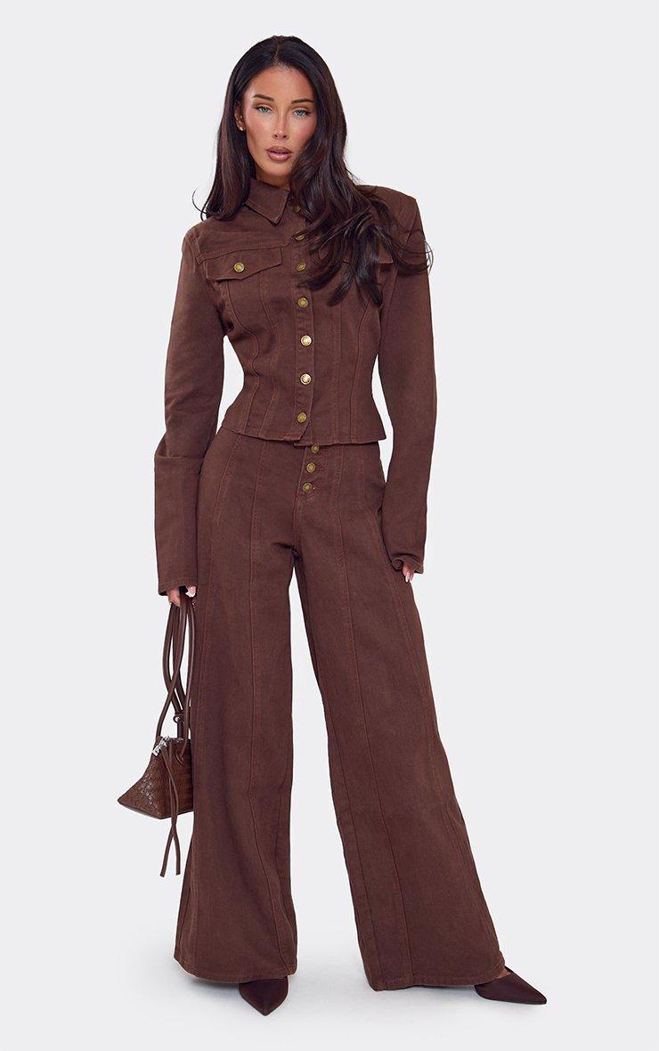 Long Sleeve Shoulder Padded Button Down Jacket In Brown Denim