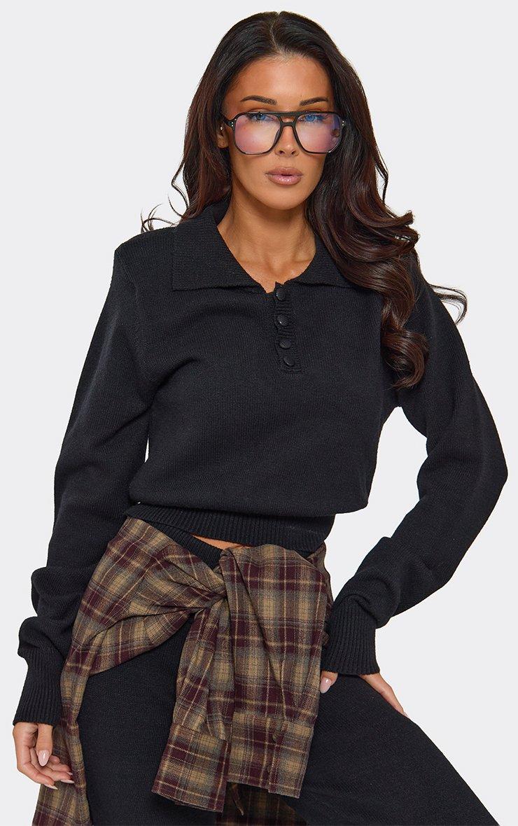 Long Sleeve Shoulder Pad Detail Polo Shirt In Black Knit