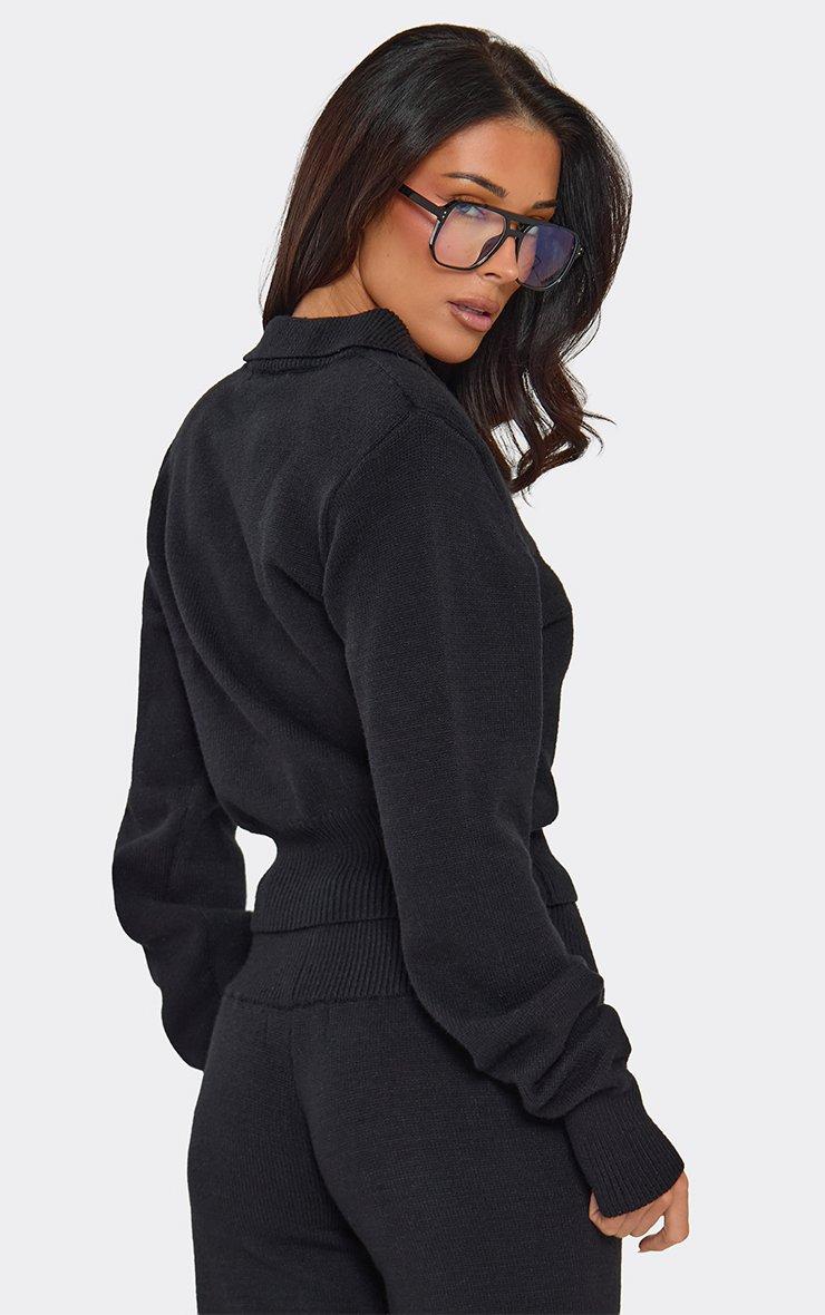 Long Sleeve Shoulder Pad Detail Polo Shirt In Black Knit