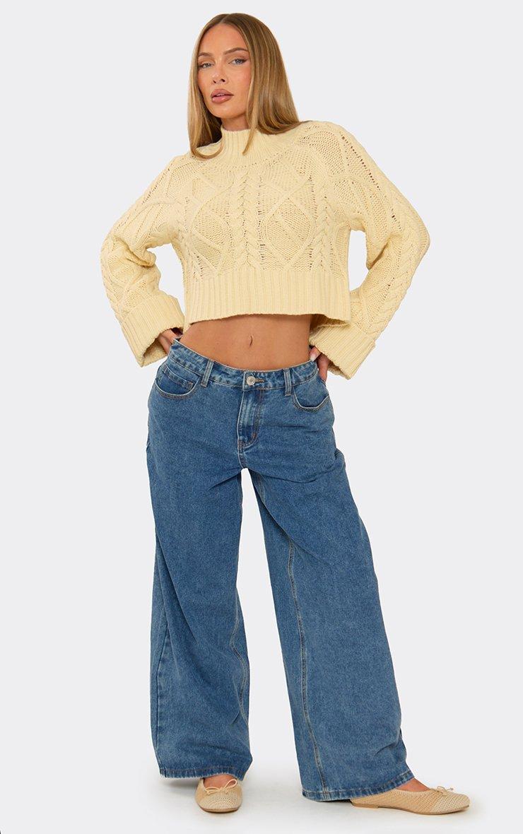 Long Turn Up Sleeve High Neck Jumper In Cream Cable Knit