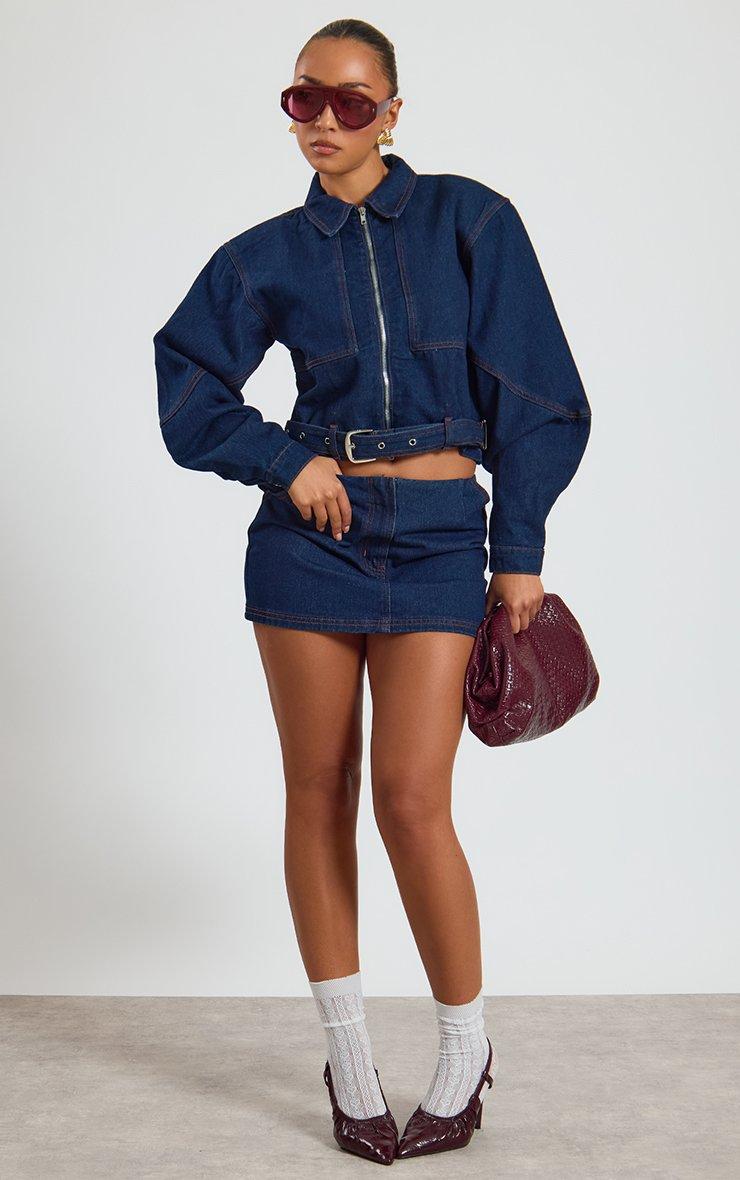 Mid Rise Contrast Seam Detail Mini Skirt In Indigo Blue Denim.