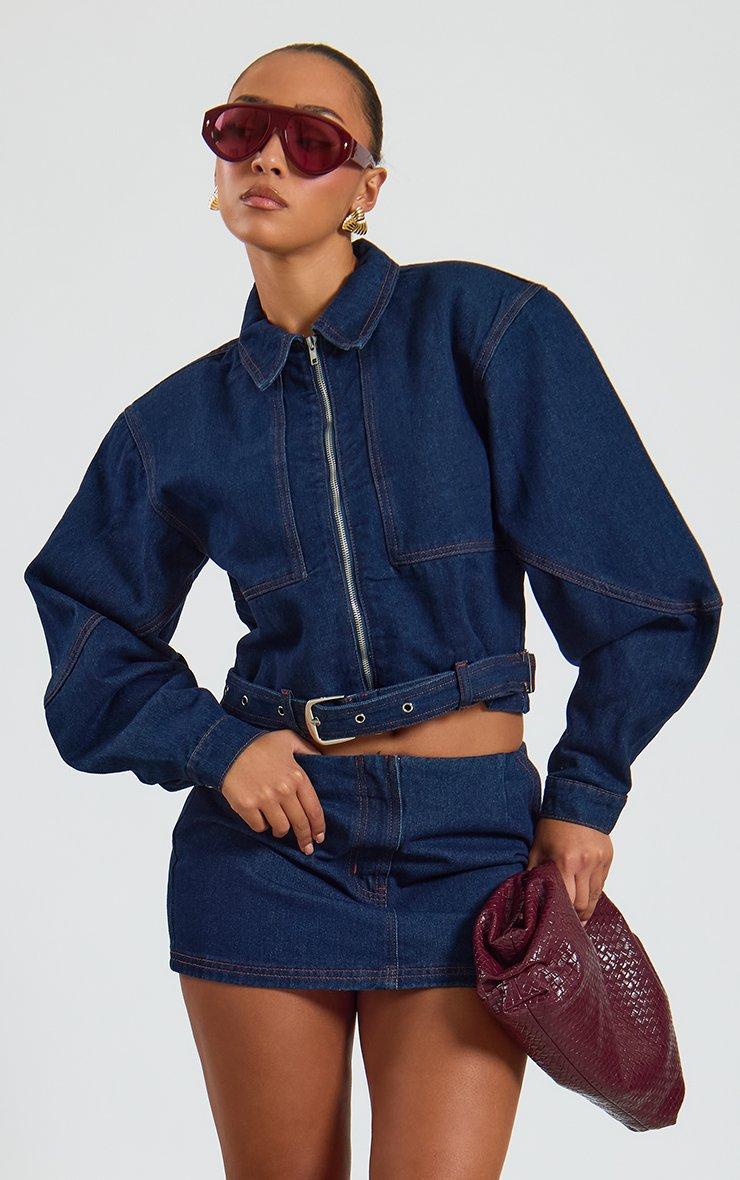 Long Sleeve Contrast Seam Detail Belted Zip Up Jacket In Indigo Blue Denim.