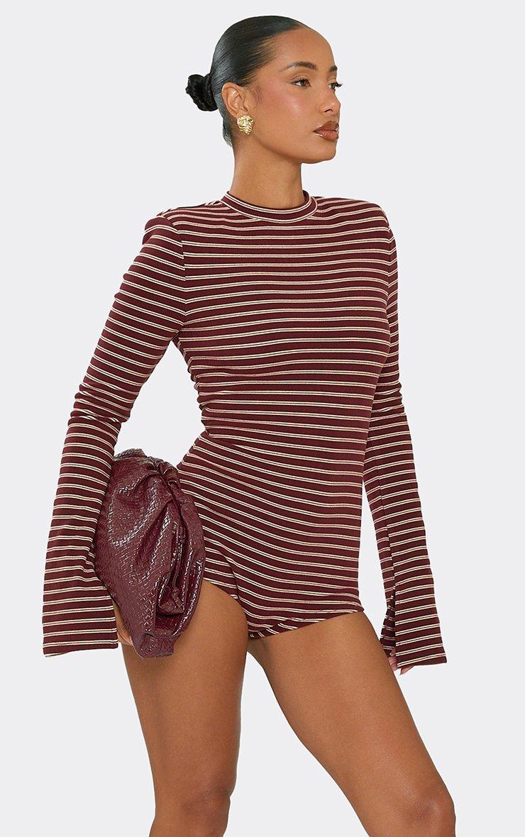 Long Sleeve Shoulder Padded Micro Playsuit In Burgundy Soft Stripe