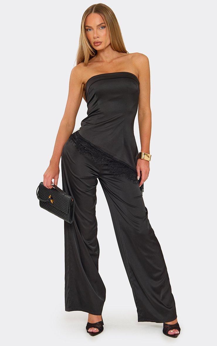 Bandeau Aysmmetric Lace Trim Detail Jumpsuit In Black Satin