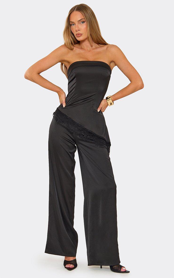 Bandeau Aysmmetric Lace Trim Detail Jumpsuit In Black Satin