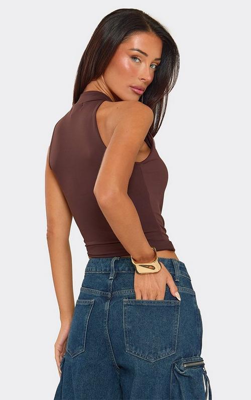High Neck Zip Front Suspender Detail Extreme Crop Top In Hot Pink