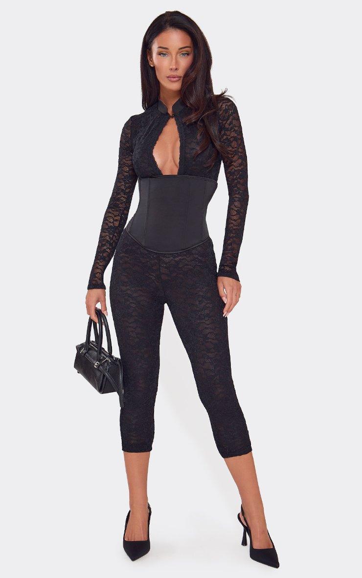 Long Sleeve Keyhole Cut Out Corseted Waist Capri Jumpsuit In Black Lace