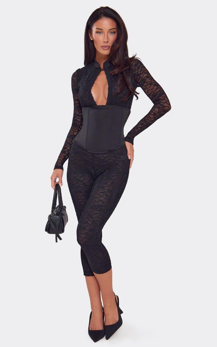 Long Sleeve Keyhole Cut Out Corseted Waist Capri Jumpsuit In Black Lace