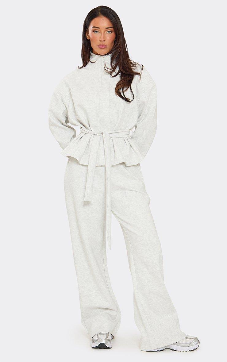 Mid Rise Wide Leg Joggers In Light Grey Marl Interlock