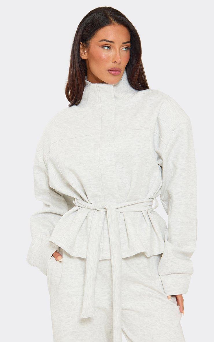 Long Sleeve High Neck Belt Detail Sweatshirt In Light Grey Marl Interlock