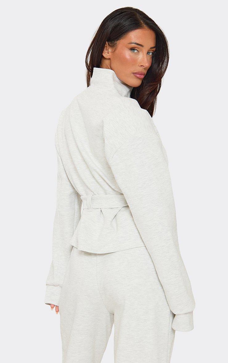 Long Sleeve High Neck Belt Detail Sweatshirt In Light Grey Marl Interlock